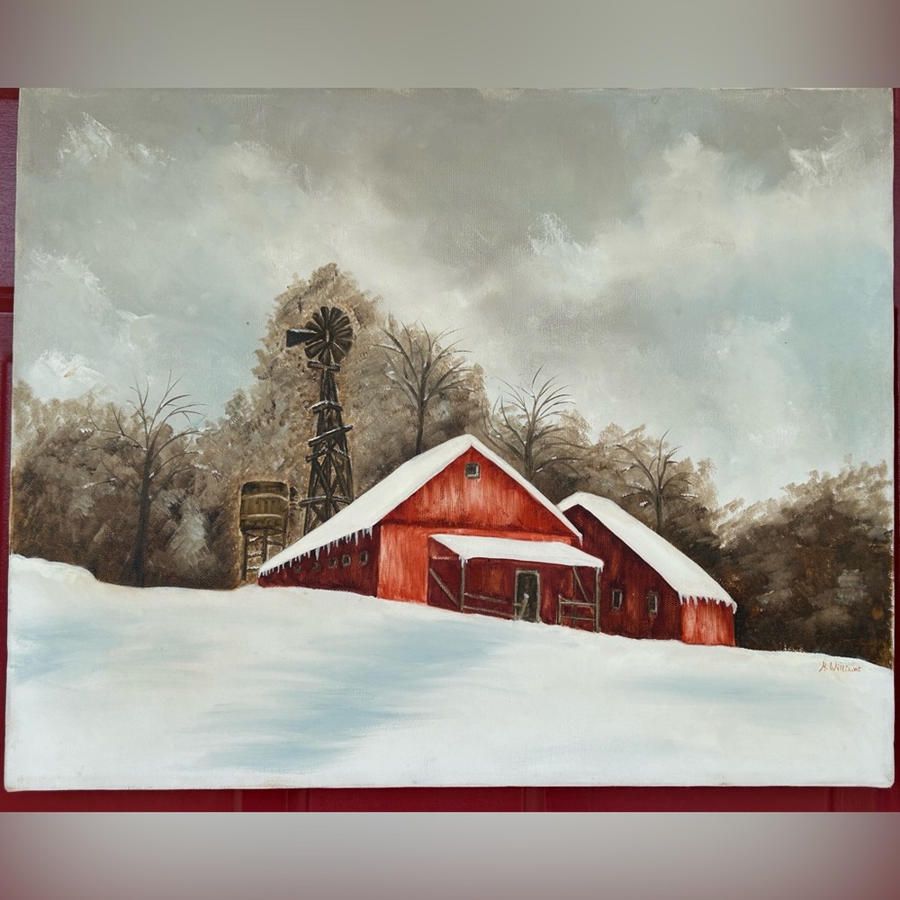 Minimalist hand painted folk art canvas-farm scene w/muted colors Signed 16x20”